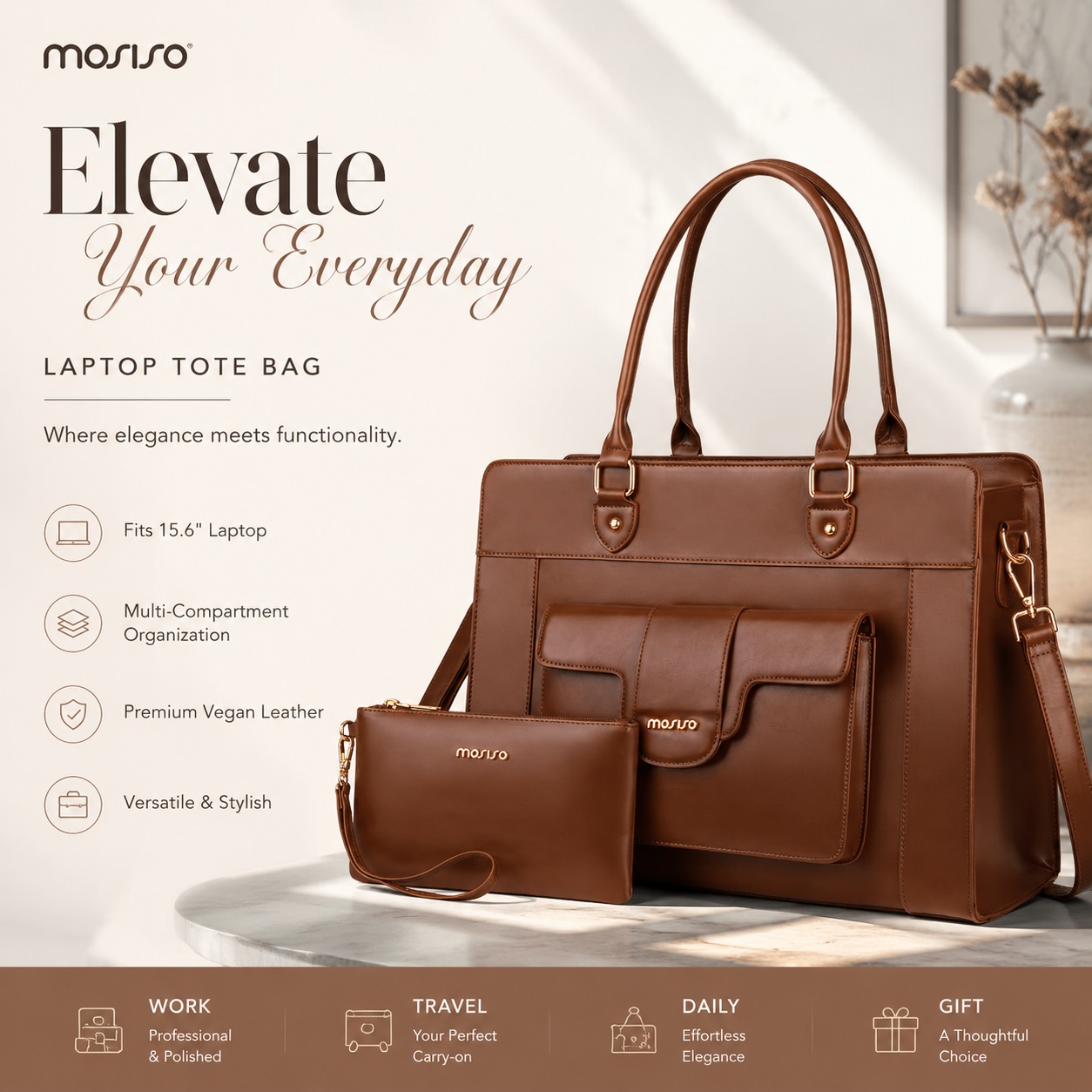 Leather Work Laptop Bag - MOSISO Kadınlar için Laptop Çantası 15.6